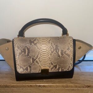 Celine Black Satchel with Beige Snake-Print Flap and Tan Suede Wings